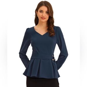 New Long Sleeve V Neck Belted Peplum Blouse